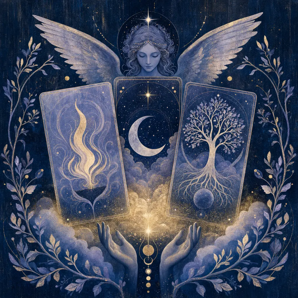 Un cercle lumineux de cartes des anges disposées en mandala, chaque carte irradiant une douce lumière