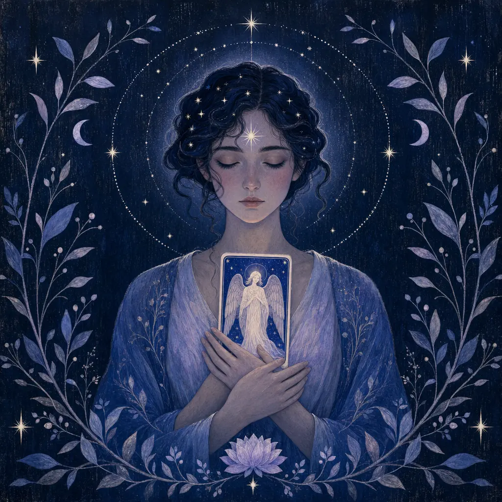 Une carte oracle des anges luisant doucement, flottant au-dessus d'une main ouverte, entourée d'une lumière chaleureuse
