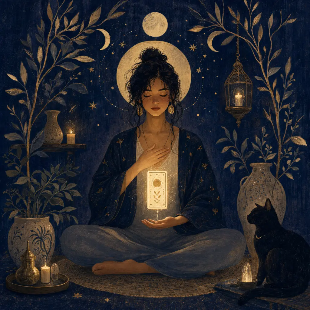 Une femme assise en tailleur, les yeux fermés, une carte lumineuse flottant à hauteur du coeur