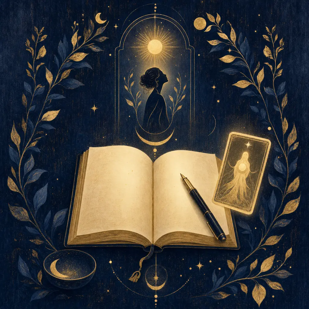Une personne assise calmement avec un journal, formulant une question claire avant de tirer des cartes oracle